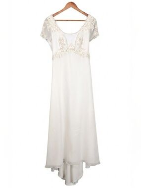 Eden Bridals Ivory Beaded Wedding Dress Gown Size 12 Sheer Short Sleeves Bow
